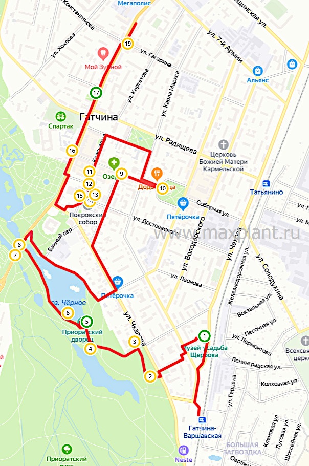 Карта маршрута Гатчинский дворец и дворцовый парк