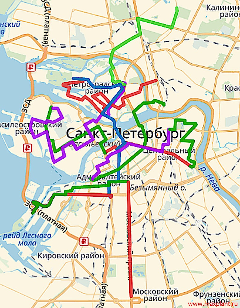 Интерактивная карта 100-километрового маршрута маршрута по Санкт-Петербургу на общественном транспорте