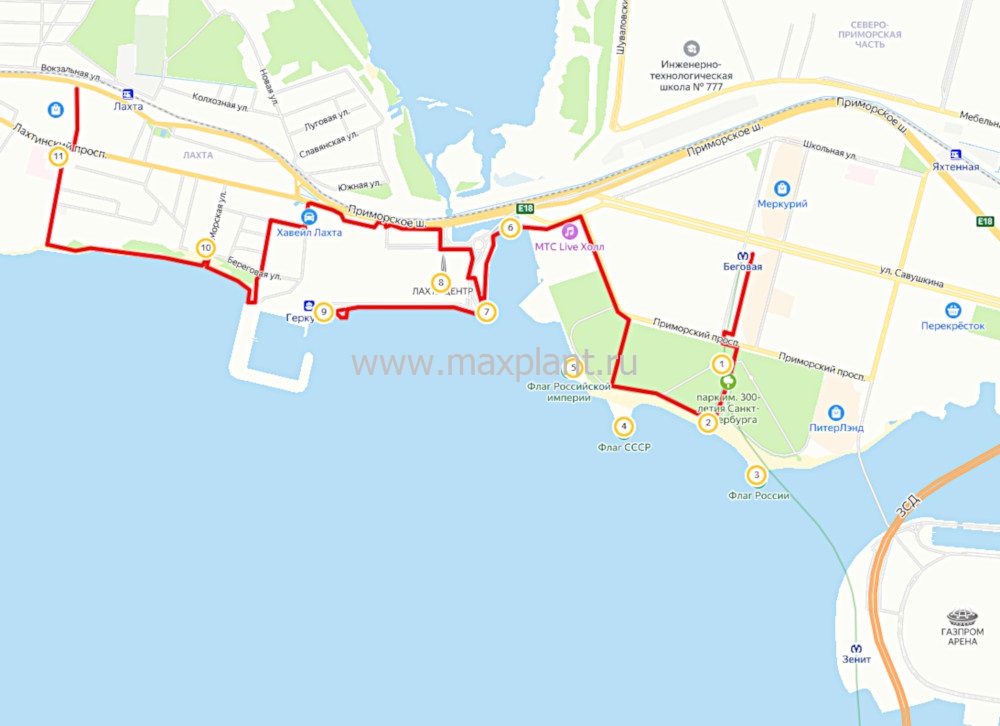 Карта маршрута Парк 300-летия Петербурга - Лахта Центр - Открытая набережная