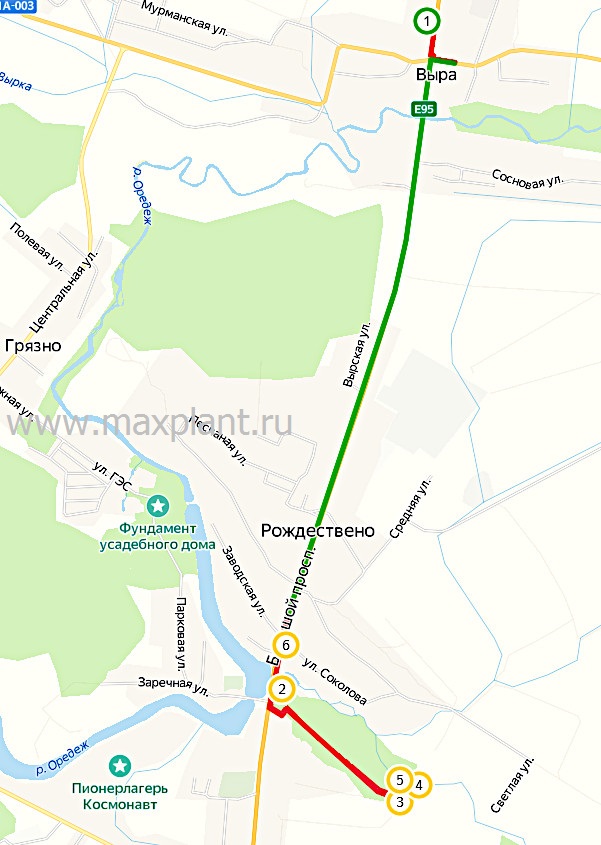 Карта маршрута Выра - Рождествено