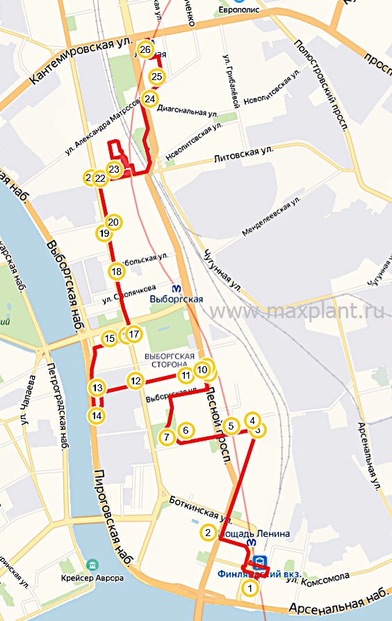 Карта пешеходного маршрута по Выборгской стороне