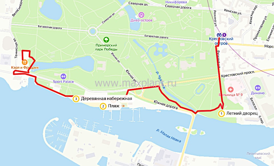 Интерактивная карта пешеходного маршрута по южному берегу Крестовского острова